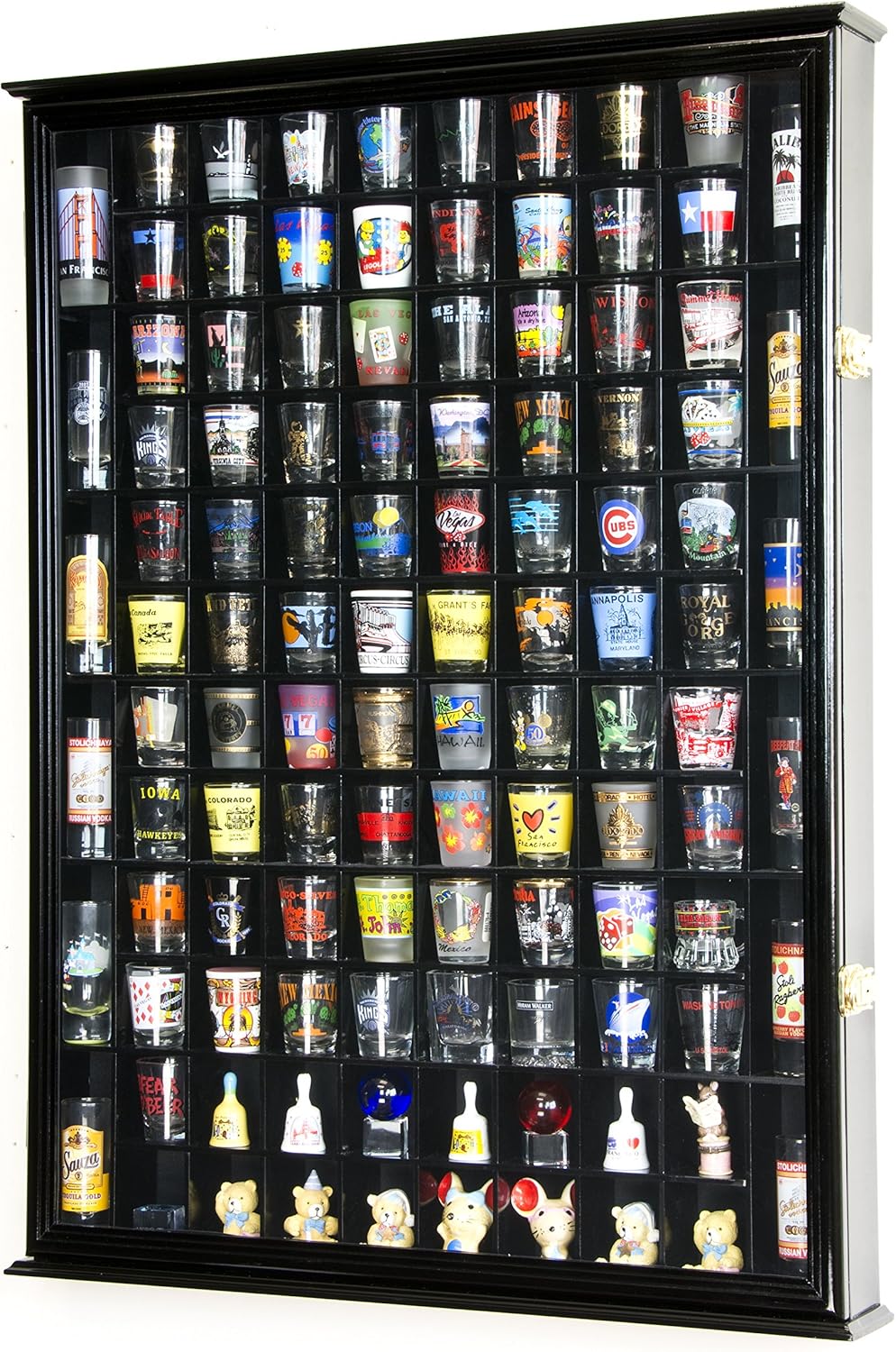 108 Shot Glass Shotglass Shooter Display Case Holder Cabinet Wall Rack 98% UV Lockable Door -Black