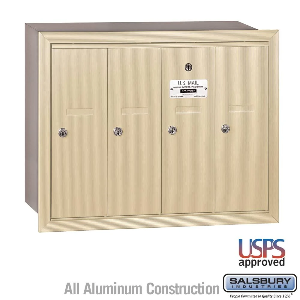 Salsbury Industries 3504SRU Vertical Mailbox - 4 Doors - Sandstone - Recessed Mounted - USPS Access