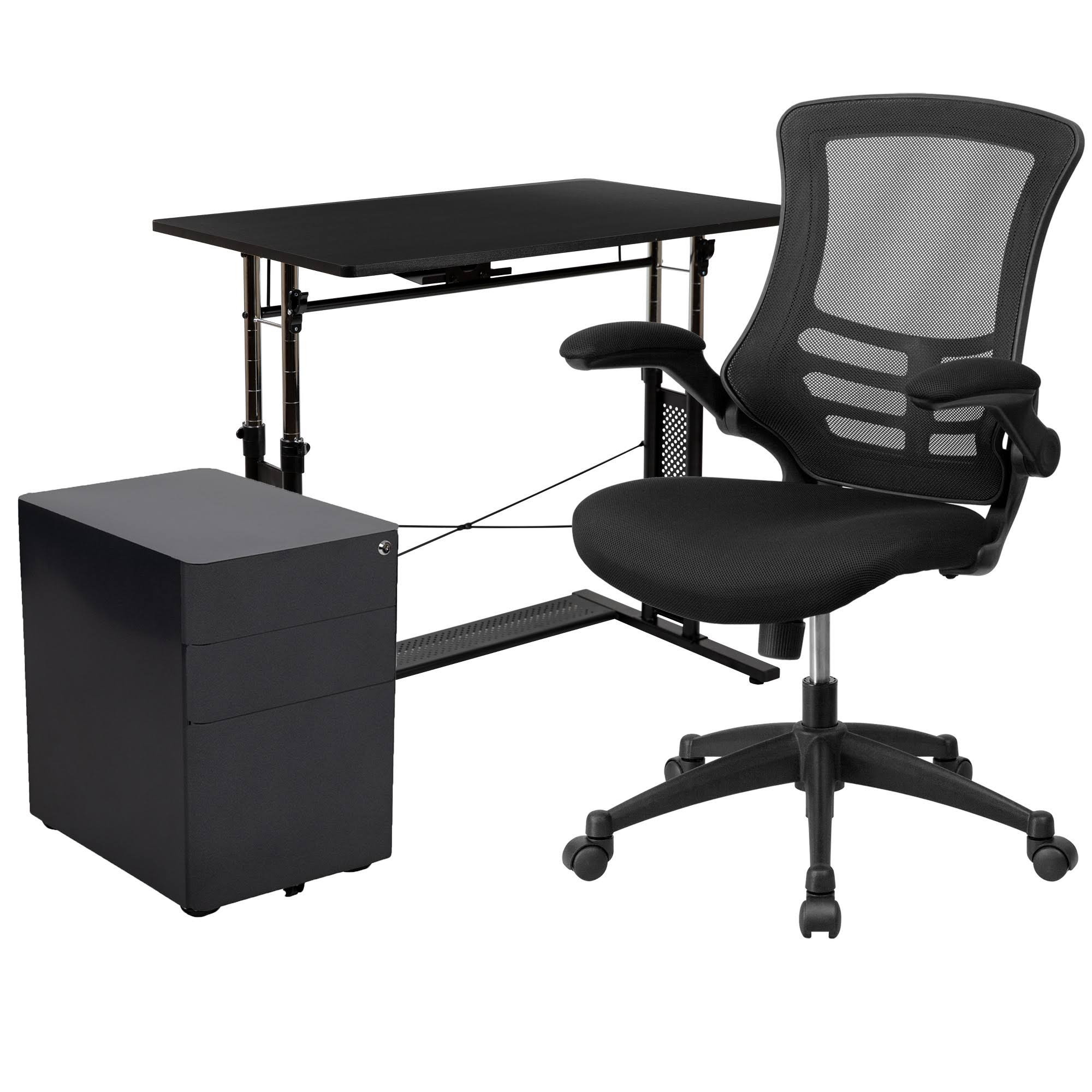 Flash Furniture Work from Home Kit - Adjustable Computer Desk, Ergonomic Mesh Office Chair u0026 Mobile Filing Cabinet - Black