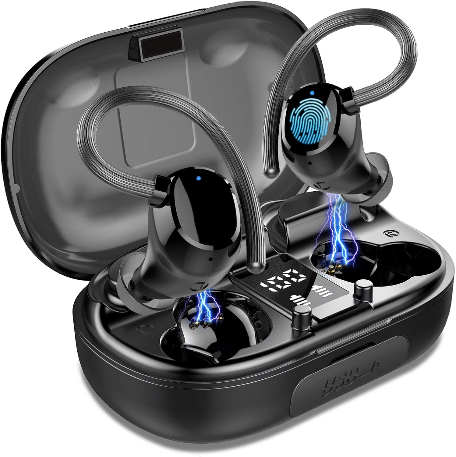 Wireless Earbuds Sports, in-Ear Bluetooth Headphones Waterproof 100H Playtime Earhooks Headset Stereo CVC8.0 Noise Cancelling Wireless Earphone with Charging Case for Workout Running Gym Pack of 2