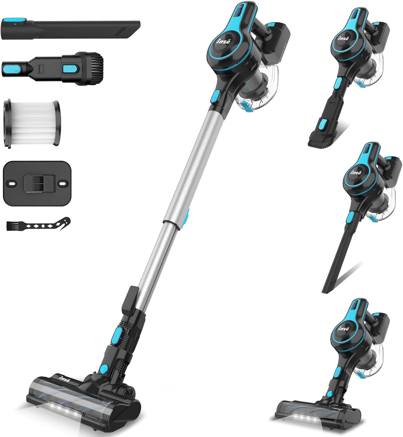 INSE Cordless Vacuum Cleaner, 6-in-1 Rechargeable Stick Vacuum with 2200 m-A-h Battery, Powerful Lightweight Vacuum Cleaner, Up to 45 Mins Runtime, for Home Hard Floor Carpet Pet Hair- N5S Blue