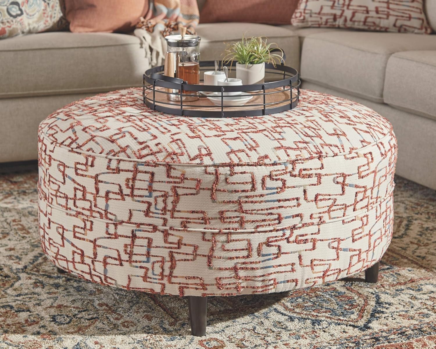 Signature Design by Ashley - Amici Unique Patterned Oversized Accent Ottoman, Beige/Red