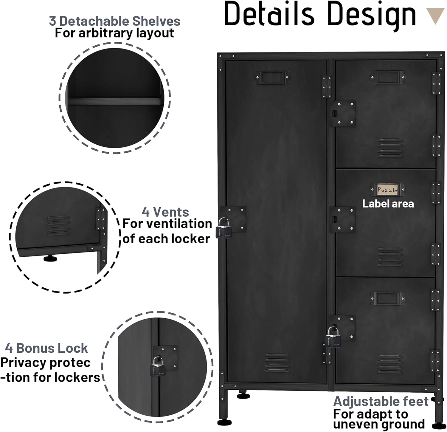 PIAOMTIEE 4 Door Metal Cabinet, Lockable Black Storage Cabinet Locker with Doors and Shelves for Home, Office, Dorm, Vented Freestanding Cabinet Industrial Style w/Adjustable Feet, 4 Locks
