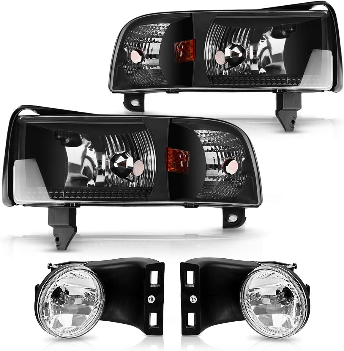 DWVO Compatible with 94-01 Dodge Ram 1500/94-02 Dodge Ram 2500 3500, Black Housing Headlight Assembly, Clear Lens Fog Lights w/Bulbs