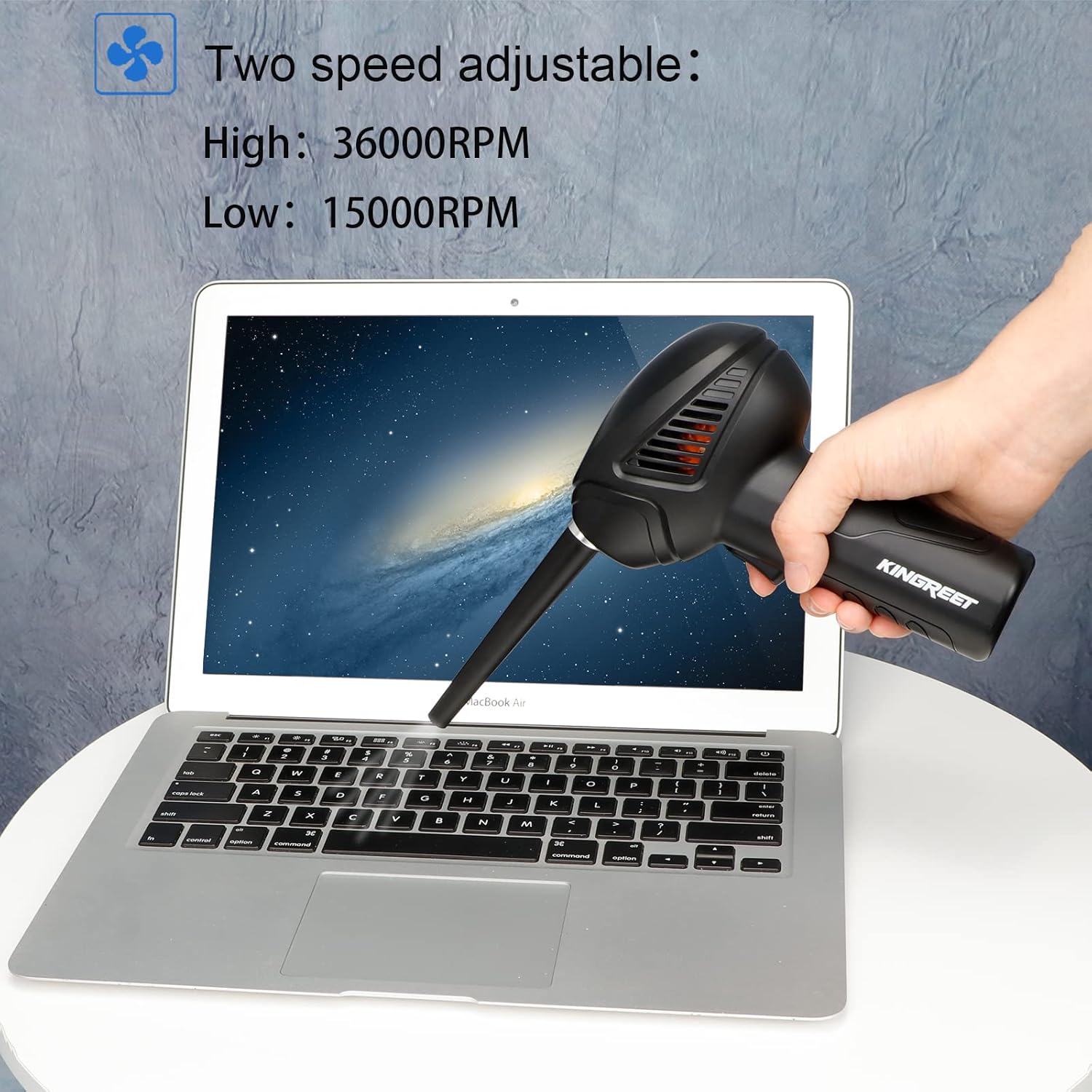 KINGREET Compressed Air Duster, Cordless Air Duster for Computers Keyboard Electronics Cleaning, Replacement for Compressed Air Can, Rechargeable 6000mAh Battery, Powerful 36000RPM, 10W Fast Charging Pack of 2