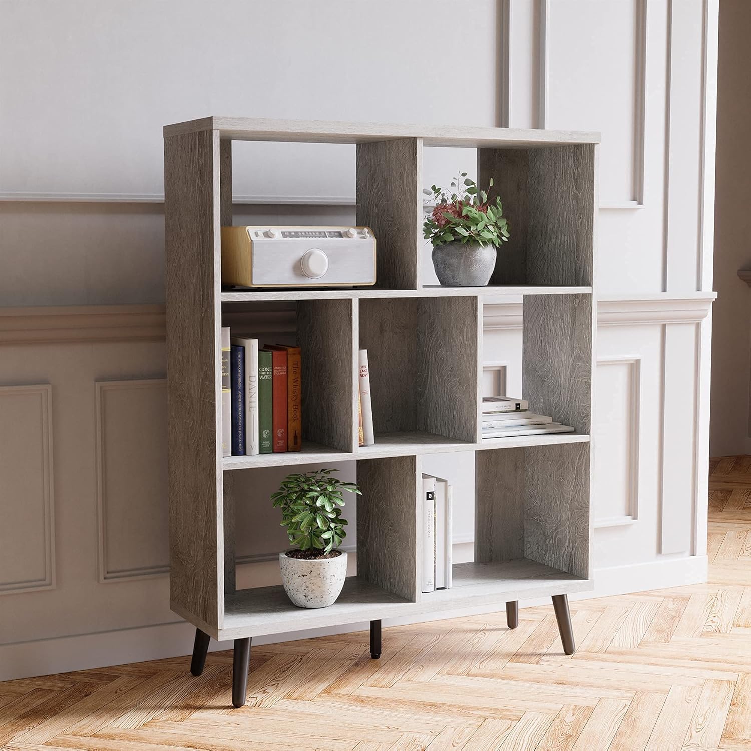 Bestier Mid Century Bookshelf Modern Bookcase 7 Cube Storage Organizer with Legs Freestanding Decorative Organizer Shelves for Living Room Bedroom Home Office Furniture Ash Wood Black