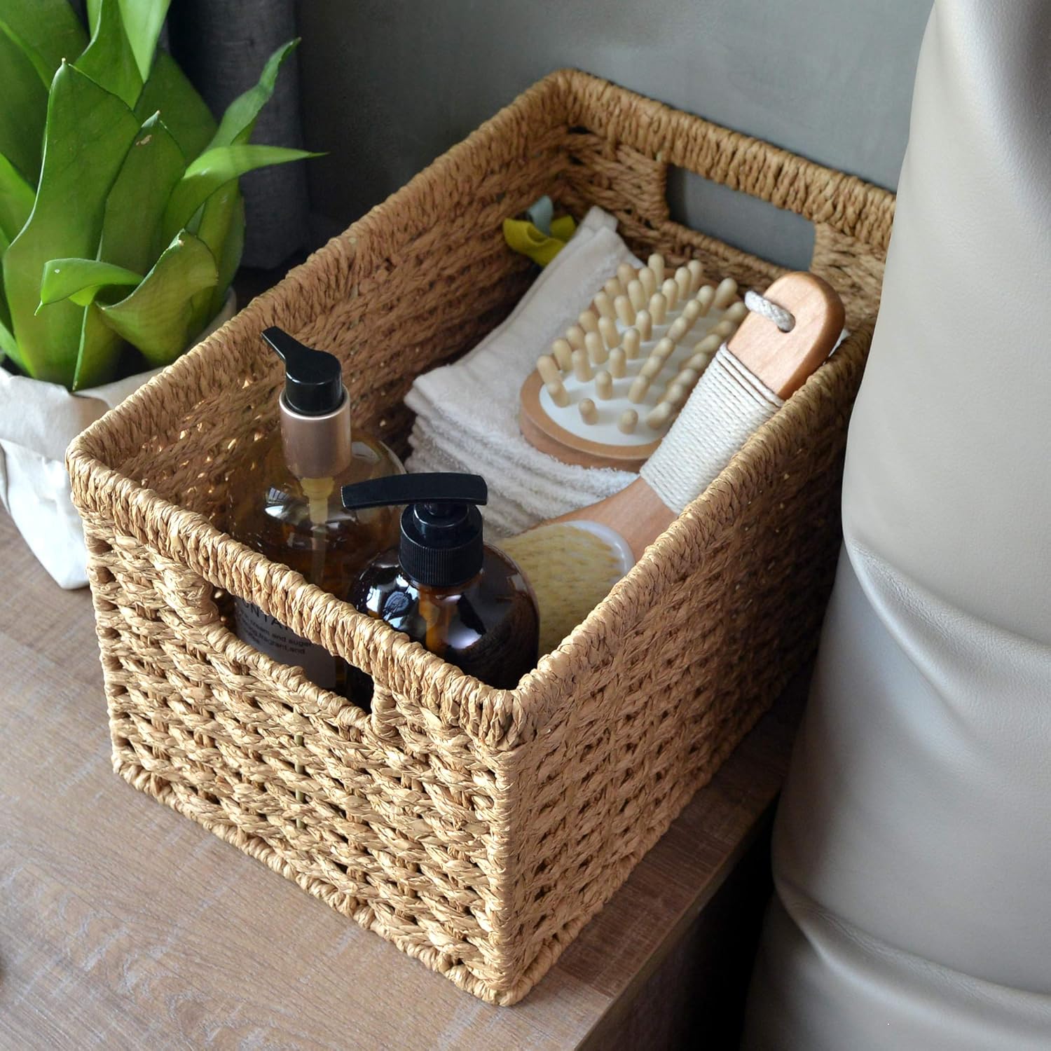 StorageWorks Round Paper Rope Storage Baskets, Rectangular Wicker Baskets with Built-in Handles, Medium, 13” x 8.3” x 7.1”, 2-Pack Pack of 2