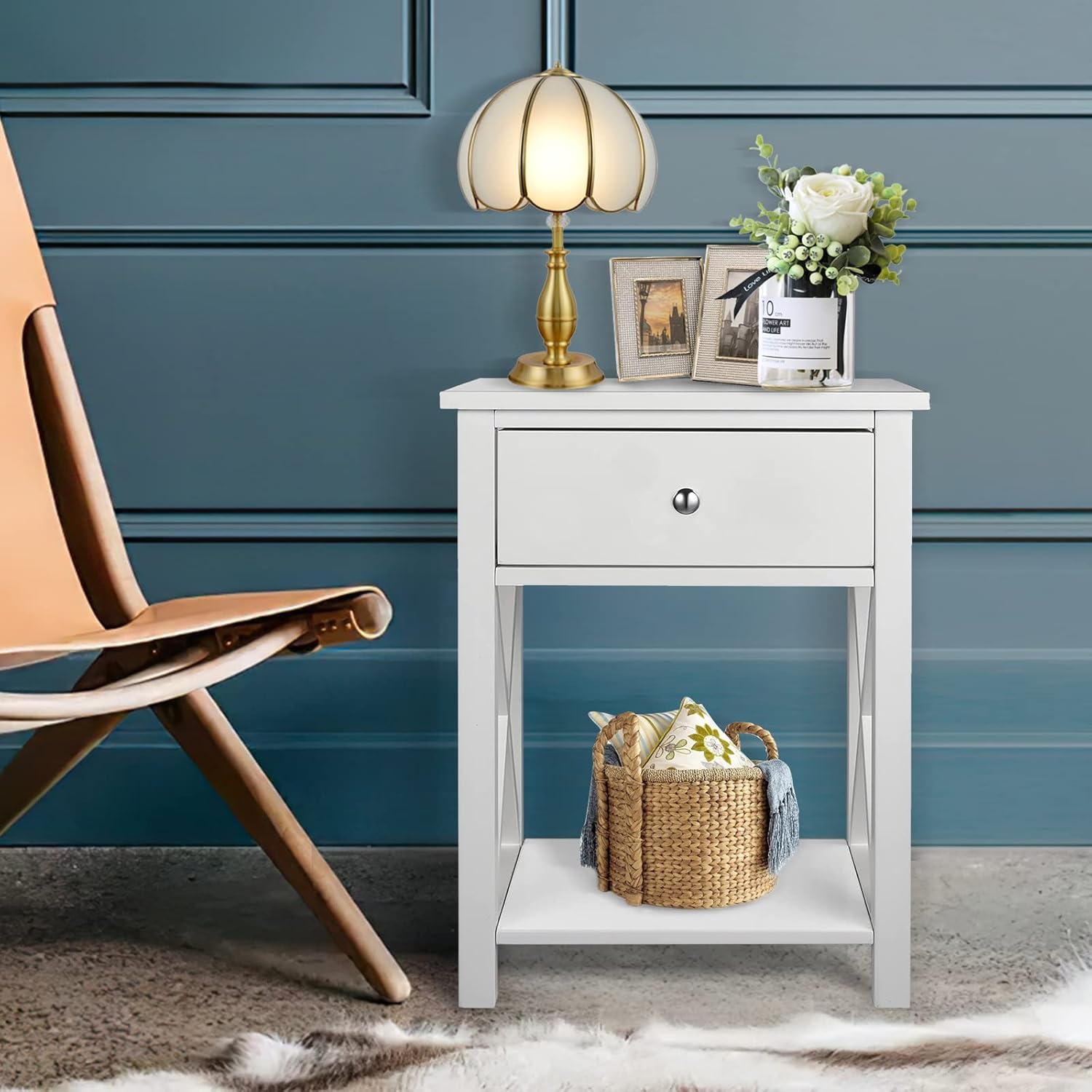 Grepatio 2 Pcs X-Design Side End Table Night Stand Storage Shelf with Bin Drawer White Modern Accent Wooden Bedroom Cabinet (2)