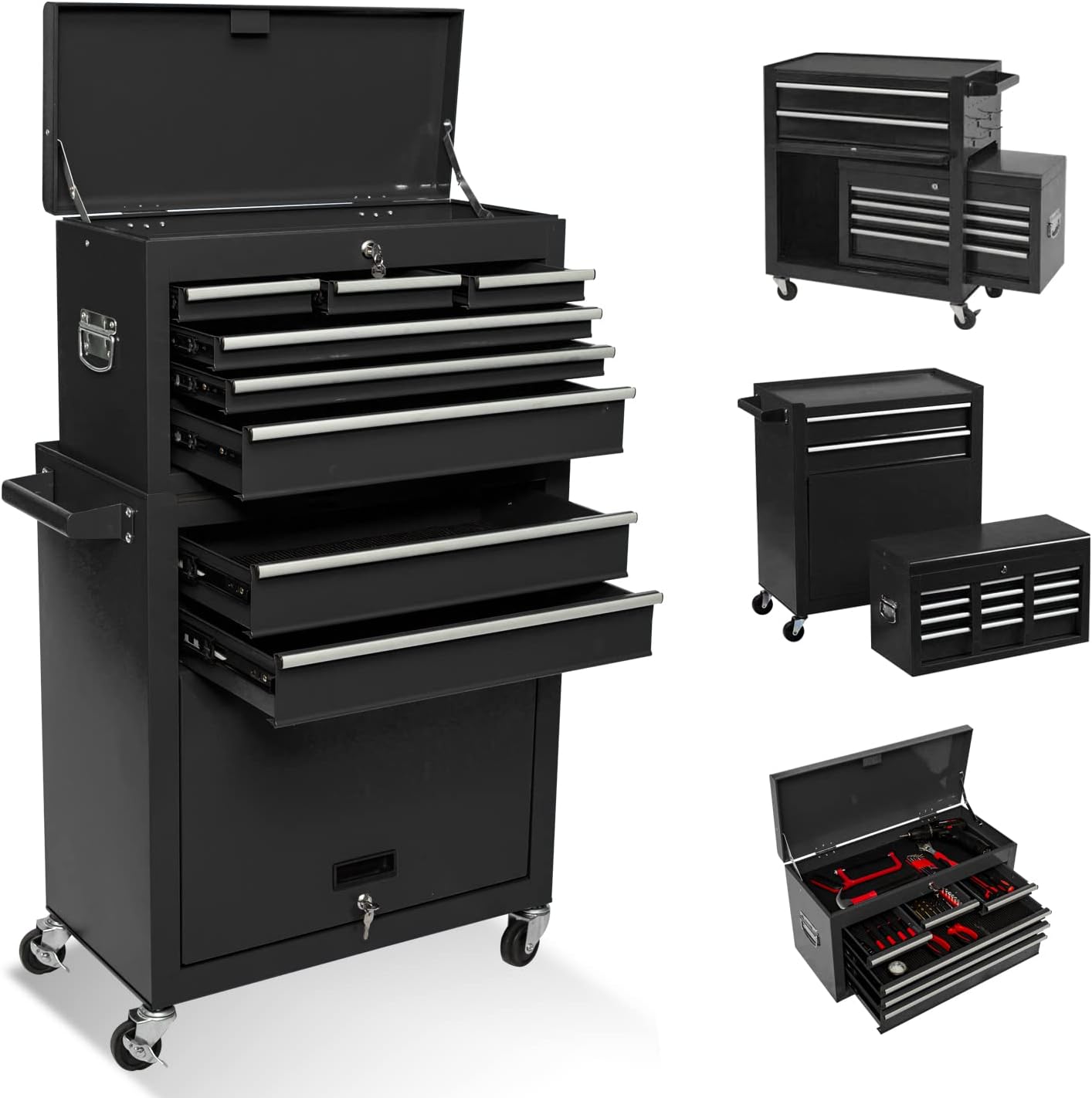 Rolling Tool Chest Tool Box with 8 Sliding Drawers, Removable Tool Storage Cabinet with 4 Wheels, Lockable High Capacity Tool Chest for Garage and Repair Shop (black)