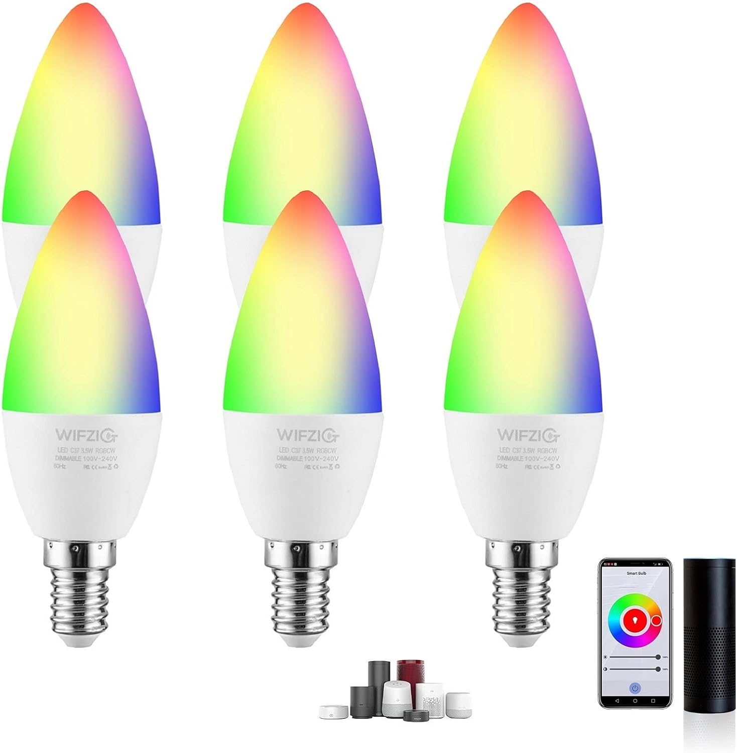 WIFZIG Smart Candelabra Bulb,E12 LED Candle Light Bulbs, 4W Ceiling Fan Chandelier Bulb, 2700-6500K,RGB,App Control, CandelabraLights, 40W Equivavlent (6Pack)
