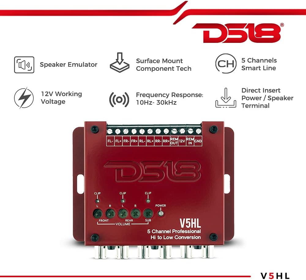 DS18 V5HL 5-Channel Line Out Converter, High-Level Speaker Signal to Low-Level RCA Adapter with Built-in Audio Sensing Technology; Produces Remote Trigger Output to Control Your Aftermarket Equipment Pack of 2