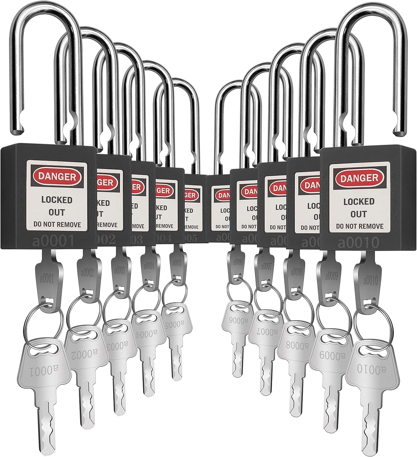 SAFBY 10 Keyed Different Lockout Tagout Lock - Loto Safety Padlocks for Lock Out Tag Out Stations and Devices (Red, Key Different) Pack of 2