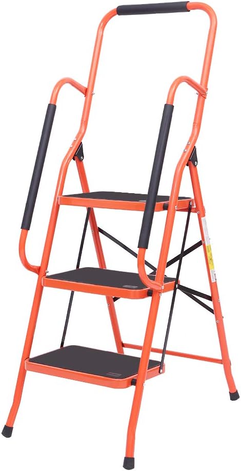 LUISLADDERS 3 Step Ladder Tool Ladder Folding Steel Frame Non-Slip Safety Padded Handrails Large Area Pedals (330lbs) Pack of 2