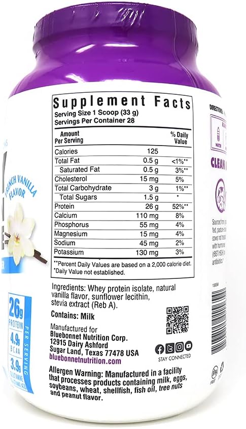 BlueBonnet Nutrition Whey Protein Isolate Powder From Grass Fed Cows, 26g of Protein, No Sugar Added, Non GMO, Gluten & Soy free, kosher Dairy, 2 Lbs, 28 Servings, French Vanilla Flavor Pack of 2