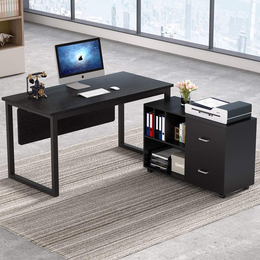 Tribesigns L-Shaped Computer Desk, 55 inch Large Modern Executive Office Desk Business Furniture with 40 inch Lateral Mobile File Cabinet Printer Stand, Legal Size for Home Office (Black/White)