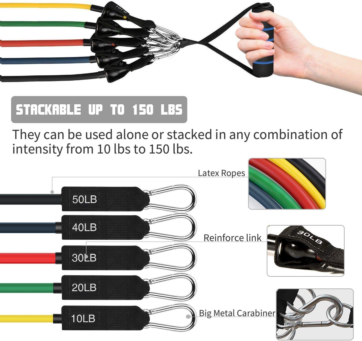 23Pcs Resistance Bands Set Workout Bands, 5 Stackable Exercise Bands with Handles, 5 Resistance Loop Bands, Jump Rope, Figure 8 Resistance Band, Headband, Cooling Towel Pack of 2