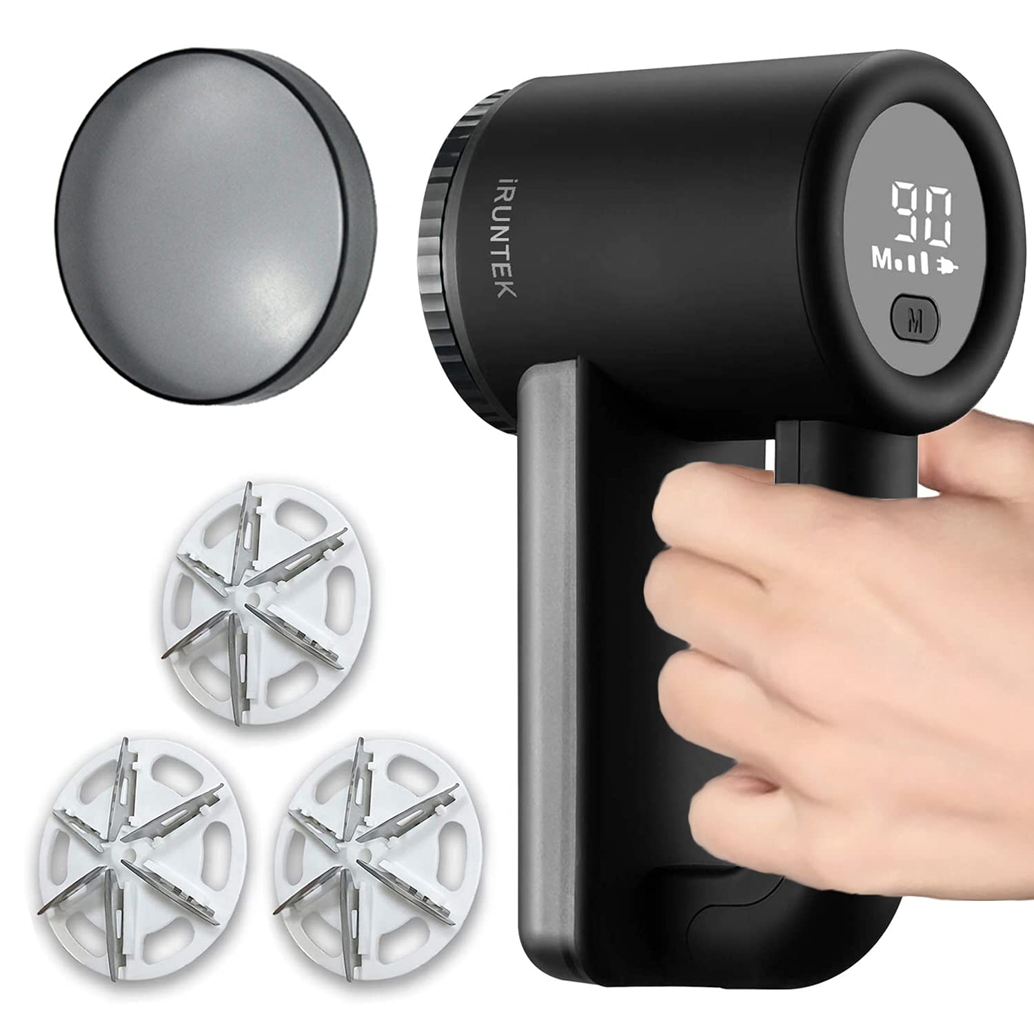 iRUNTEK Rechargeable Fabric Shaver, Lint Remover Shaver for Clothes & Furniture, Sweater Shaver to Remove Pilling with LED Display & Big Trash Box, 3-Speeds, Replaceable Stainless Steel 6-Leaf Blades