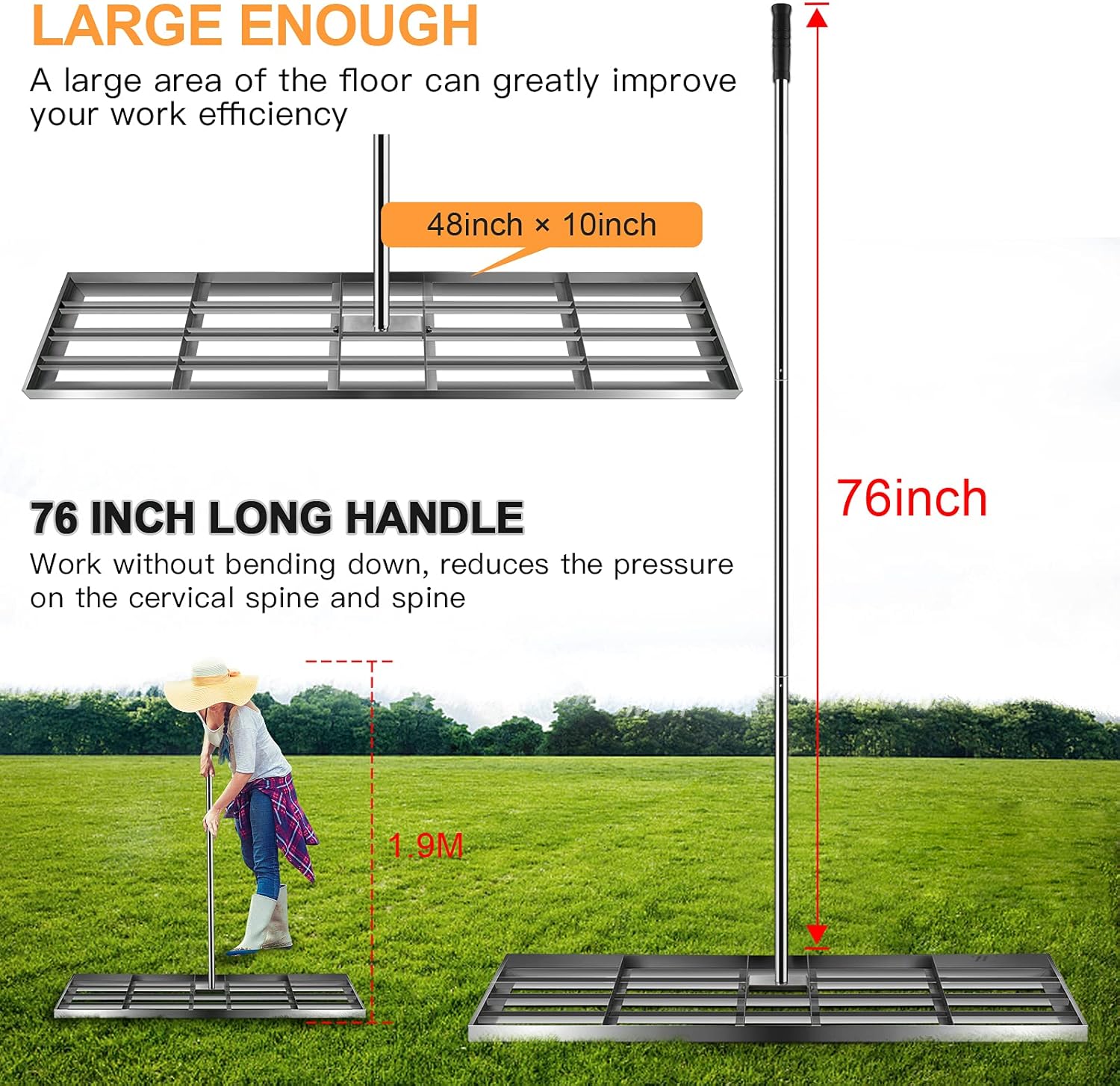 Doniks Lawn Leveling Rake 48'' x 10'' - Stainless Steel Lawn Leveling rake, with 76 inch Extra Long Handle Gardening Hand Tool Rake for Garden Backyard Lawn Farm (48 inch)