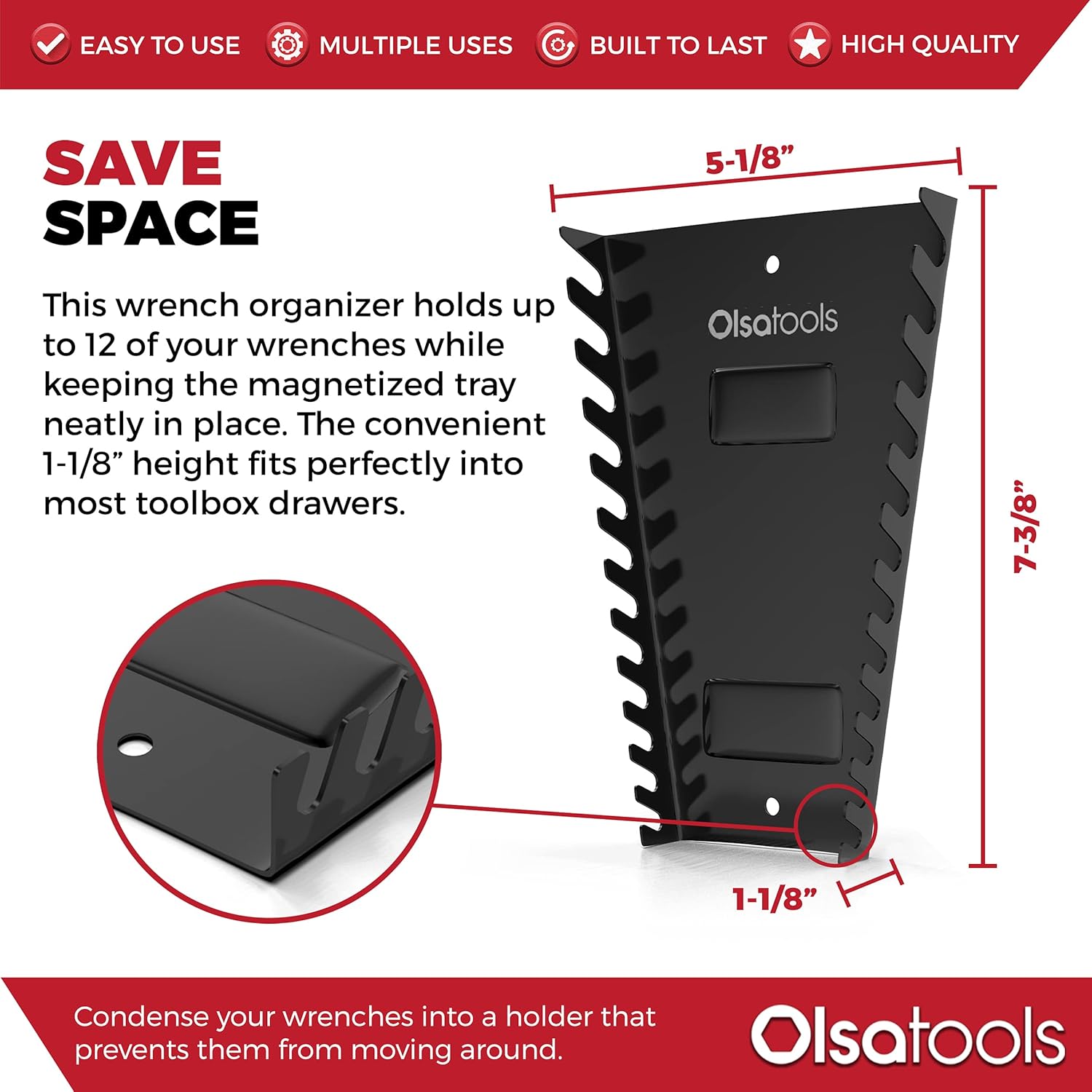 Olsa Tools Magnetic Metal Wrench Organizer | Black | Holds 12 Wrenches | Premium Quality Tools Organizer