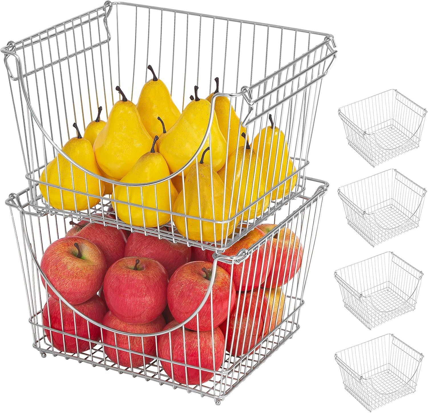 Smart Design Stacking Basket Bin Pantry Freezer Storage Organizer - Large (12.63 x 8.5 Inch) - Steel Metal Wire - Fruit, Vegetable, Onion, Potato, Cans - Kitchen [Chrome] - Set of 6