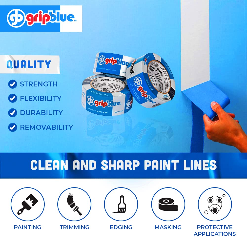 GRIPBLUE 2 Inch (48 mm) Multi-Use Blue Painters Tape, 24 Rolls Value Pack, Premium Crepe Paper Masking Tape for Multi-Surfaces, Clean and Easy Removal.