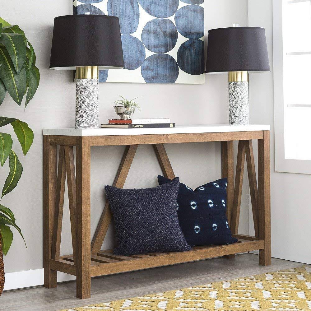 Home Accent Furnishings New 52 inch Wide A-Frame Rustic Entry Table with Marble Color Top and Walnut Finish