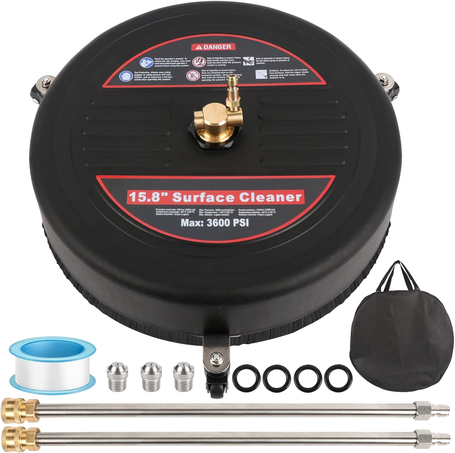 15.8'' Pressure Washer Surface Cleaner, 3600 PSI Plastic Power Surface Cleaner with 3 Wheels, 2 Extension Wands, 1/4