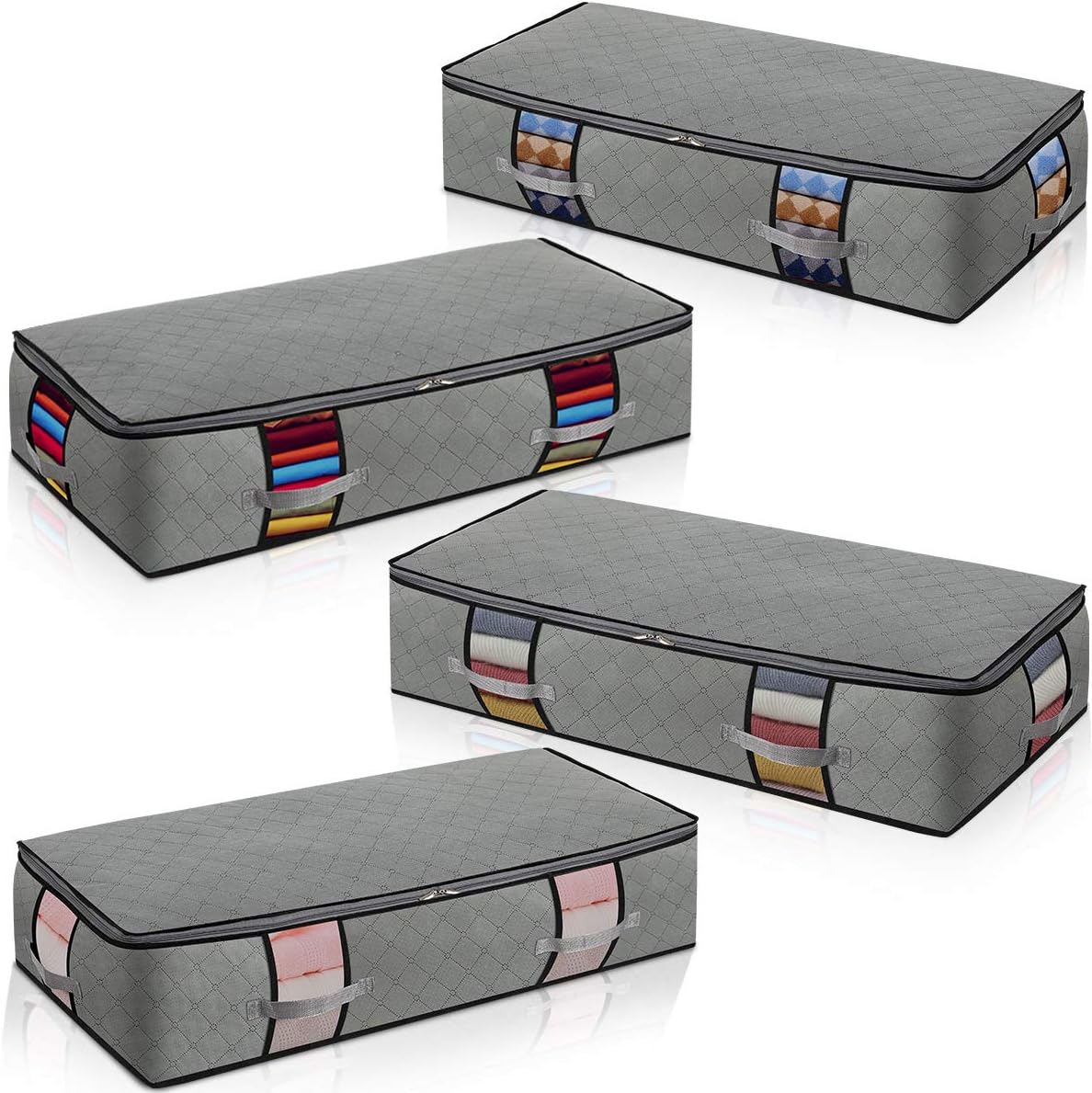 Extra-Large Under Bed Storage Foldable Container [4-pack] Underbed Storage Bins with Strong Handle and Metal Zipper Clear Window Thick Fabric Grey Color Pack of 2