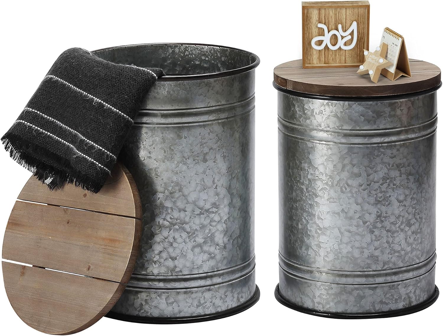 Rustic Storage Ottoman Seat Stool, Farmhouse Accent Side Table, Antique Galvanized Metal End Table Box Bin with Round Wooden Lid Set of 2 (Stand Galvanized)