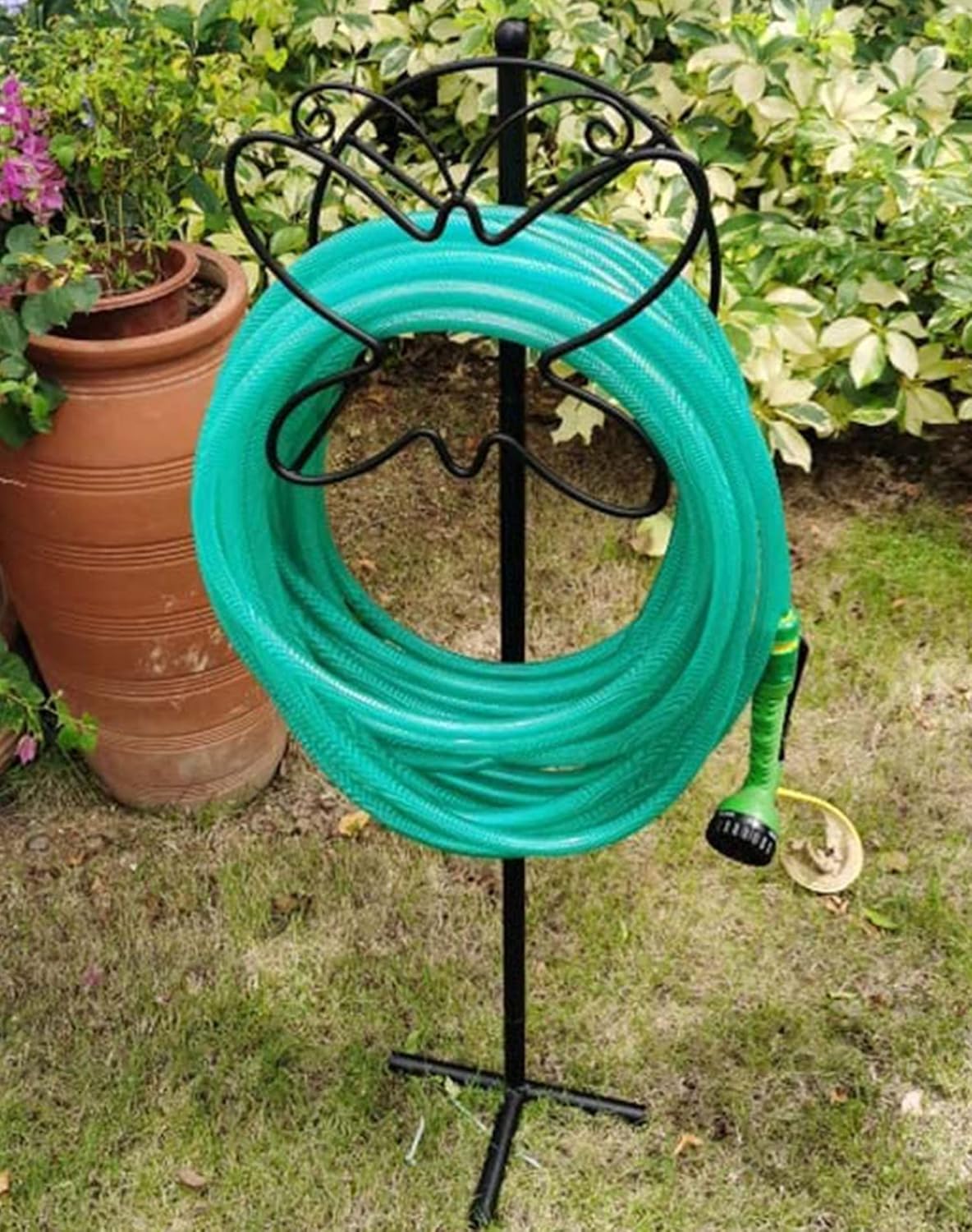 Garden Hose Holder Detachable Metal Water Hose Holder Stake Heavy Duty Garden Hose Storage Hose Stand for Outside Yard,Black Pack of 2