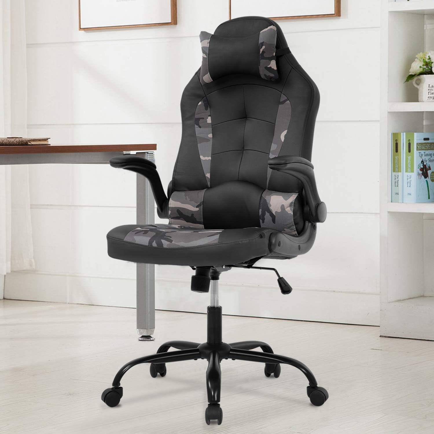 OffiClever Racing Style Office High Back Desk Executive PU Leather Rolling Task Swivel Computer with Lumbar Support Headrest,Blue Pack of 2