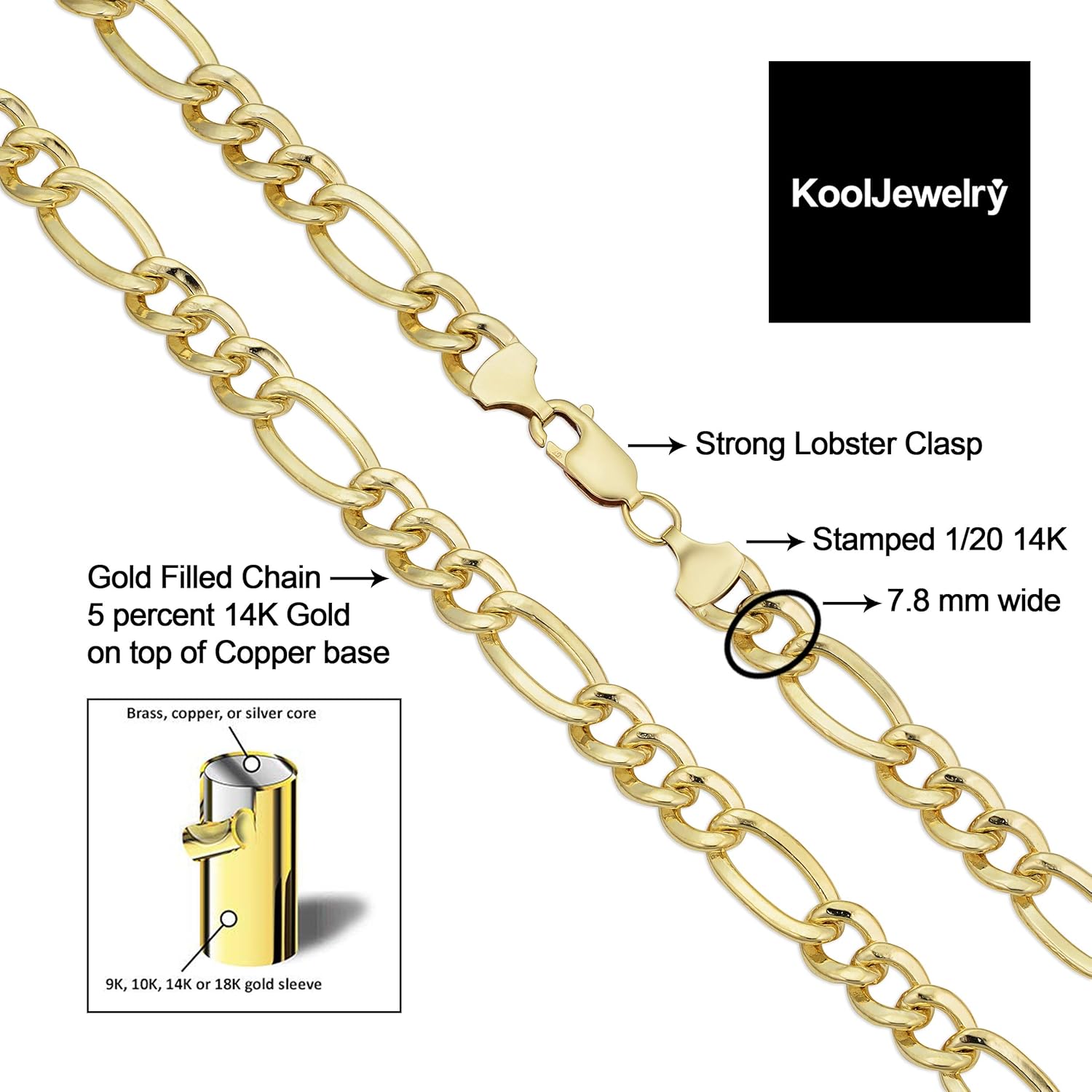 Kooljewelry Solid 14k Yellow Gold Filled 7.8 mm Figaro Chain Necklace (18, 20, 22, 24 or 30 inch)
