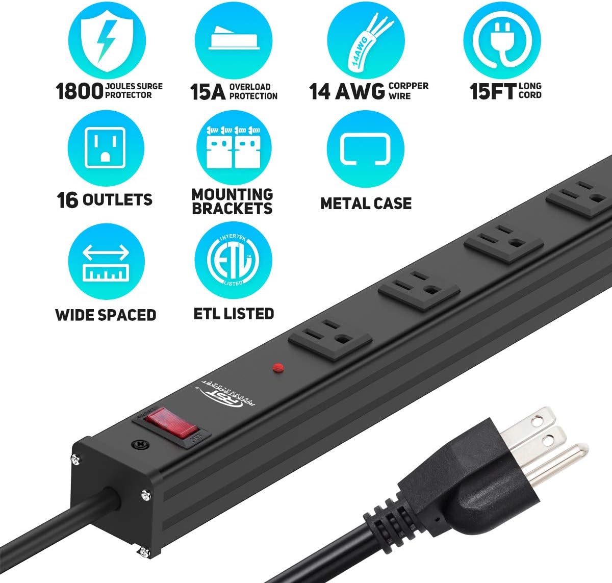 CRST Heavy Duty Surge Protector Power Strip Wide Spaced 16-Outlet 15 Feet Long Extension Cord Power with Circuit Breaker 1800 Joule for Home, Office, Commercial Pack of 2