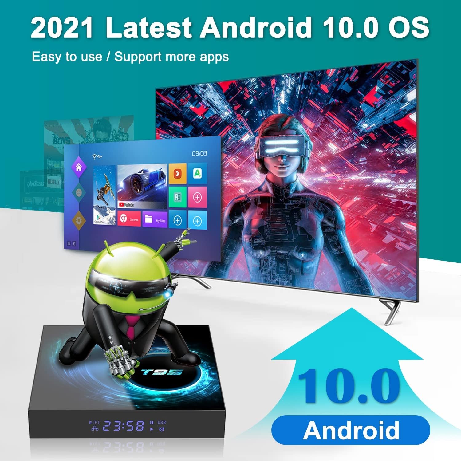 Android 10.0 TV Boxes, T95 Android Box Allwinner H616 Quad-Core with 4GB DDR 64GB ROM Streaming Media Player Support Dual WiFi 2.4GHz/5GHz, 6K 4K Output 100M LAN Enternet Bluetooth5.0 Smart TV Box Pack of 2