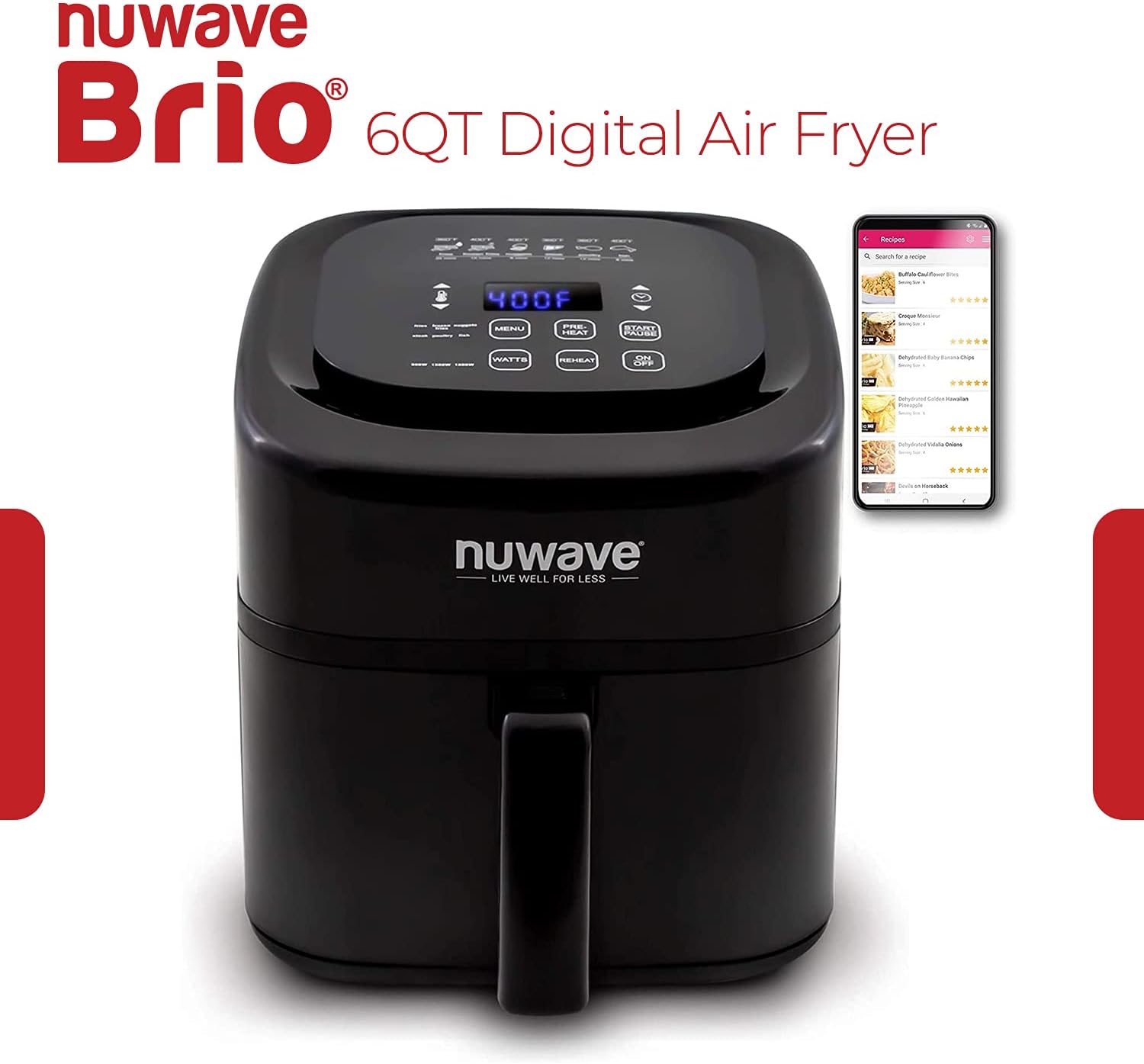 NUWAVE Brio 6-Quart Digital Air Fryer Including Non-Stick Baking Pan and Stainless-Steel Cooking Rack (6-Quart + Gourmet Kit)