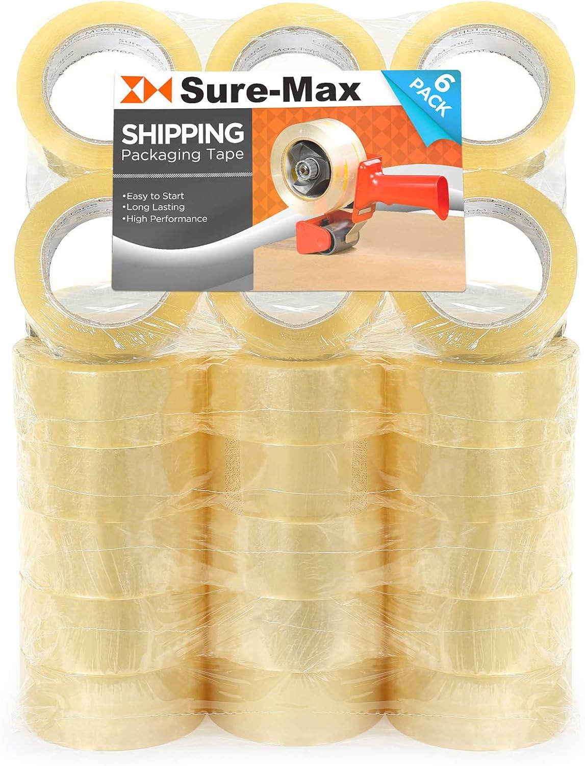 Sure-Max Premium Carton Packing Tape 2.0 mil 330 Feet (110 Yards) - Clear - 4 Cases (144 Rolls Total)