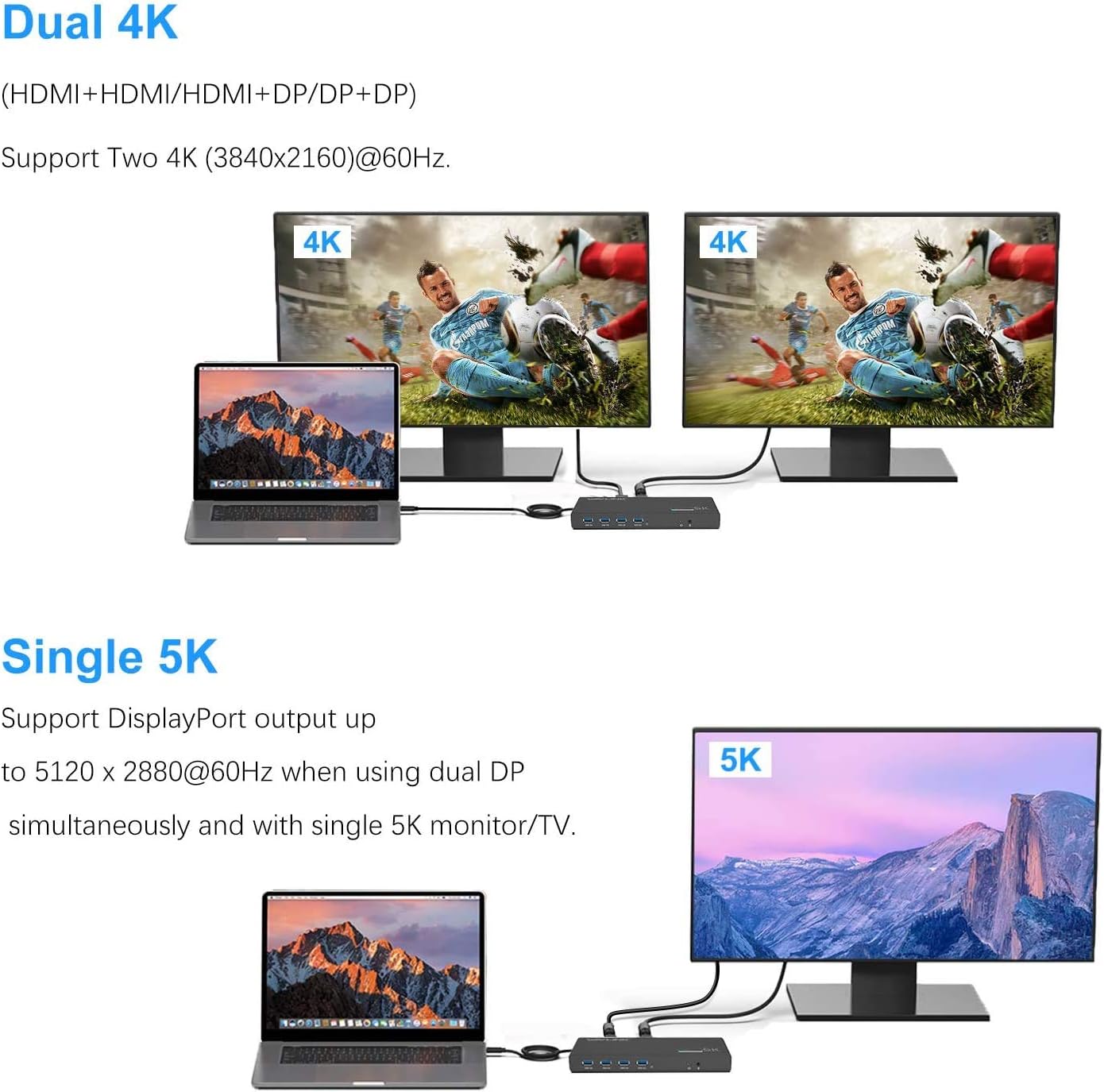 WAVLINK USB 3.0 Universal Laptop Docking Station,USB C to 5K/ Dual 4K @60Hz Video Outputs Dual Monitor for Windows and Mac,(2 HDMI & 2 DP, Gigabit Ethernet, 6 USB 3.0,Audio)