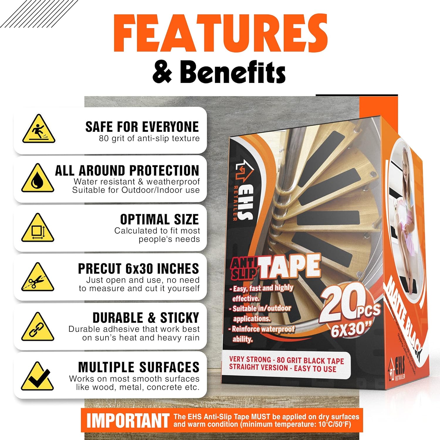 6&rdquo;x30&rdquo; (20-Packs Black) Anti Slip Tape Outdoor Stair Treads Non-Slip Non Slip Tape&hellip;