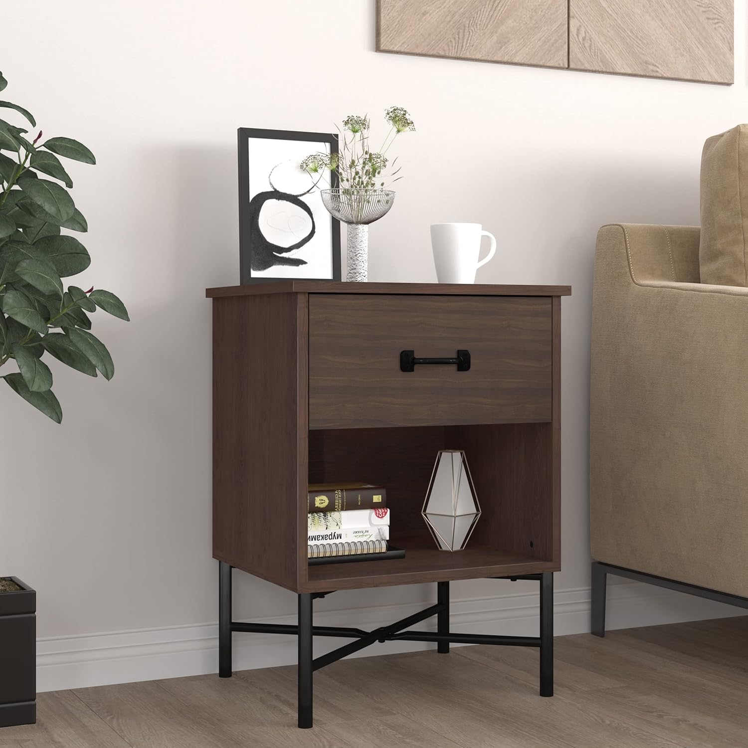 HAIOOU Nightstand, 2-Tier End Table Retro Accent Bedside Nightstand Table with Wood Drawer, Expanded Storage Shelf and X-Frame Legs for Home, Bedroom, Living Room - Walnut Brown & Matte Black