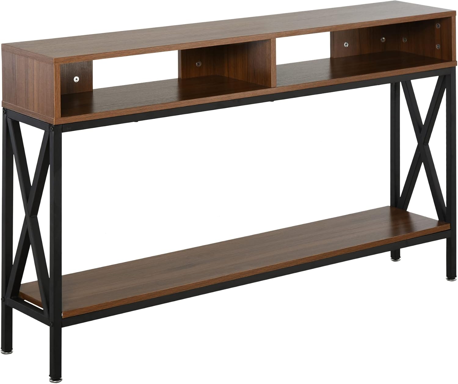 HOMCOM Industrial Style Entryway Console Table Desk with Shelf for Living Room, or Bedroom, Walnut Wood Grain and Black