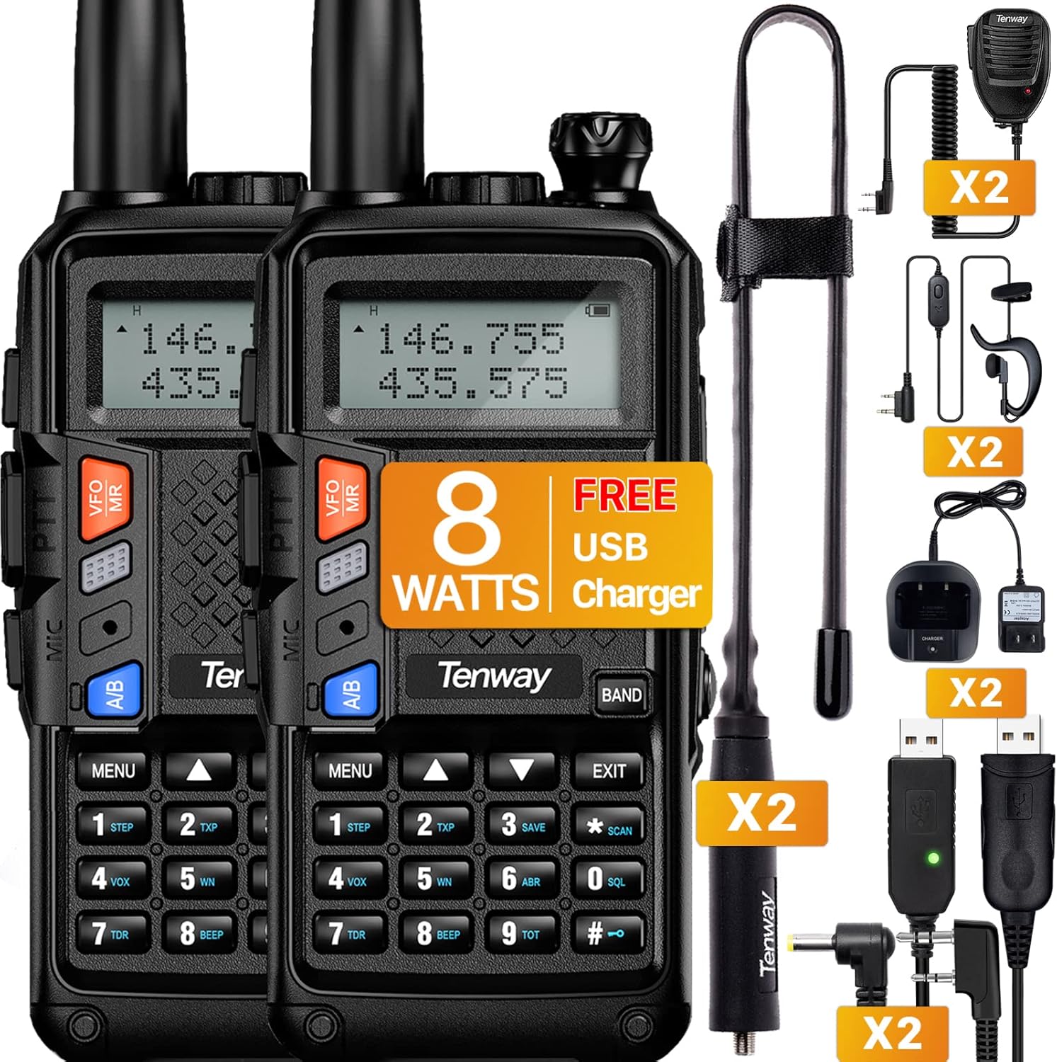Ham Radio 8W (UV-5R Upgraded Version) Dual Band Long Range Rechargeable Portable Handheld Two Way Radio with 15.3in Antenna and USB Charging Cable and Mic 2 Pack with Programming Cable(Black) Pack of 2