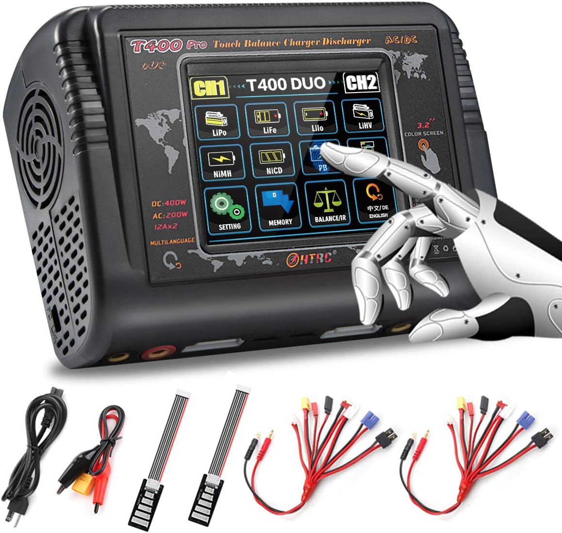 HTRC Lipo Charger 1-6S Touch Screen Dual Discharger AC200W DC400W 12A T400 Pro High Precision Fast Balance Battery Charger for RC Li-ion Life NiCd NiMH LiHV PB Smart Battery