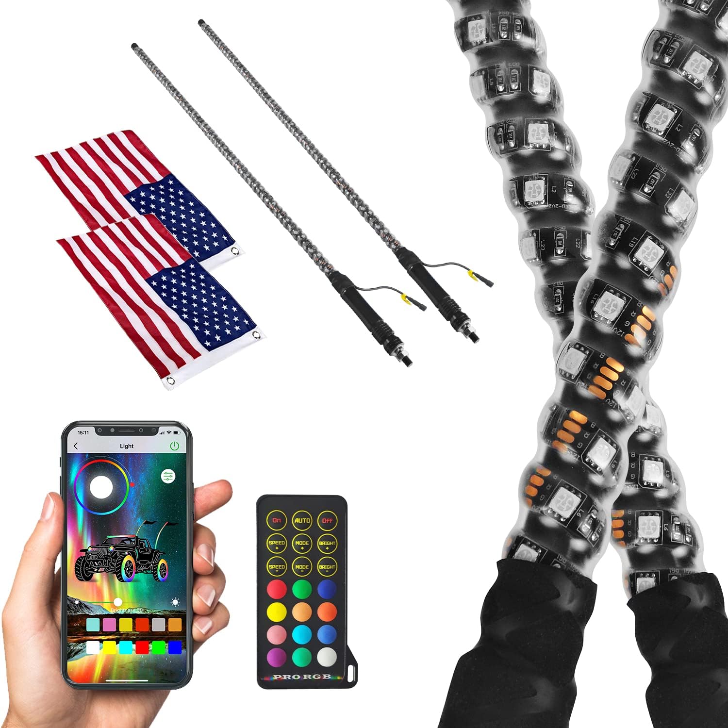 omotor 2PC 3FT Bluetooth and Remote Control 360&deg; Spiral LED Whip Lights w/Flag [21 Modes] [20 Colors] [Weatherproof] Lighted Antenna Whips - Accessories for ATV Polaris RZR 4 Wheeler