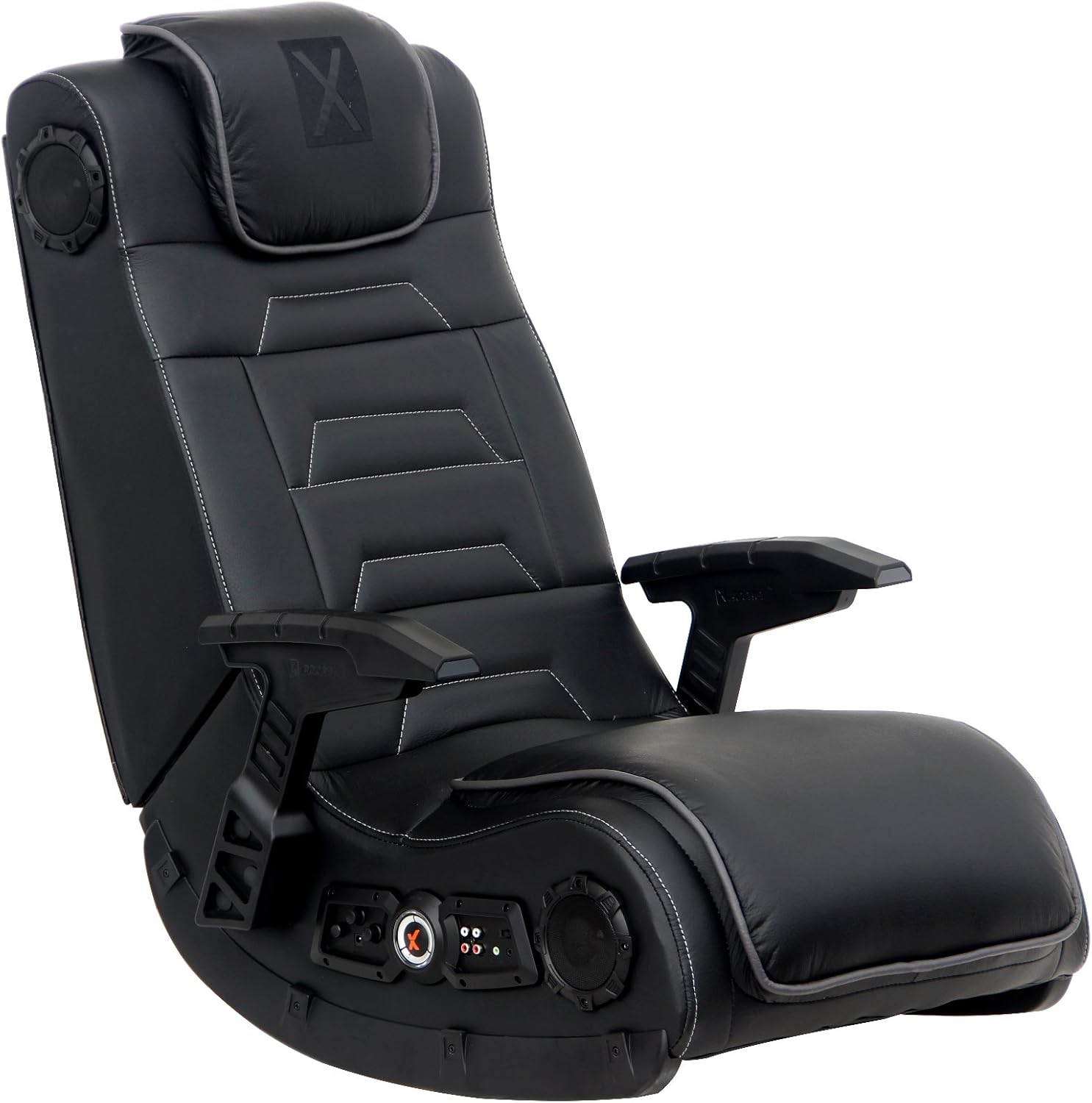 X Rocker Pro Series H3 Black Leather Vibrating Floor Video Gaming Chair with Headrest for Adult, Teen, and Kid Gamers - 4.1 High Tech Audio and Wireless Capacity - Foldable and Ergonomic Back Support