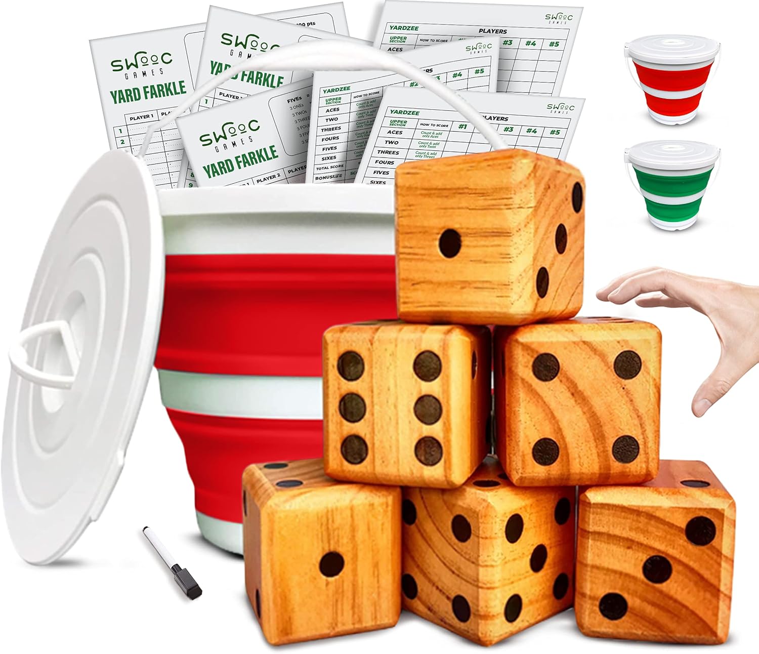 Splinter Woodworking Co. Yardzee, Farkle & 20+ Games (All Weather) - Yard Dice Game Set with Red or Green Collapsible Bucket, Lid, 5 Big Laminated Score Cards & Marker Pack of 2