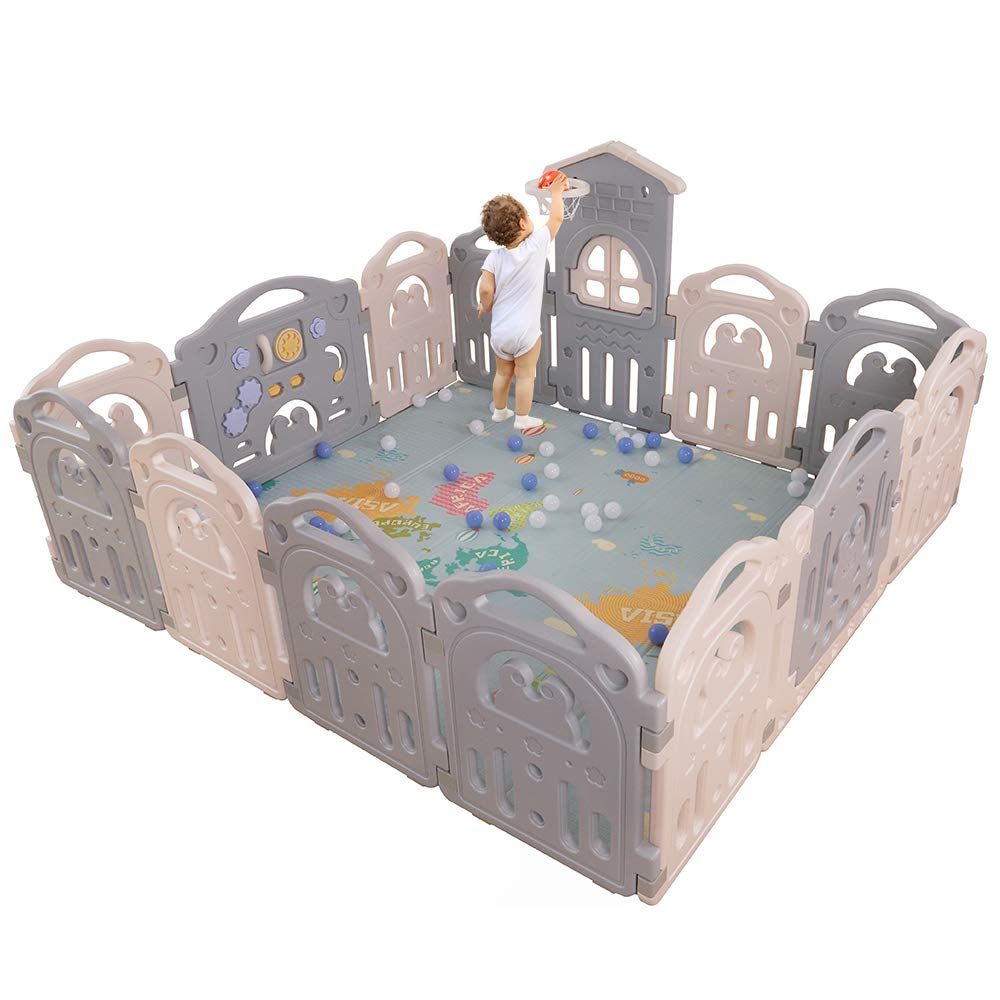 Yoleo Baby Playpen Extra Large Play Yard for Toddlers Kids More Spacious Taller Fences with Basketball Hoop Activity Area Indoor/ Outdoor (Grey, 14 Widened Panels)
