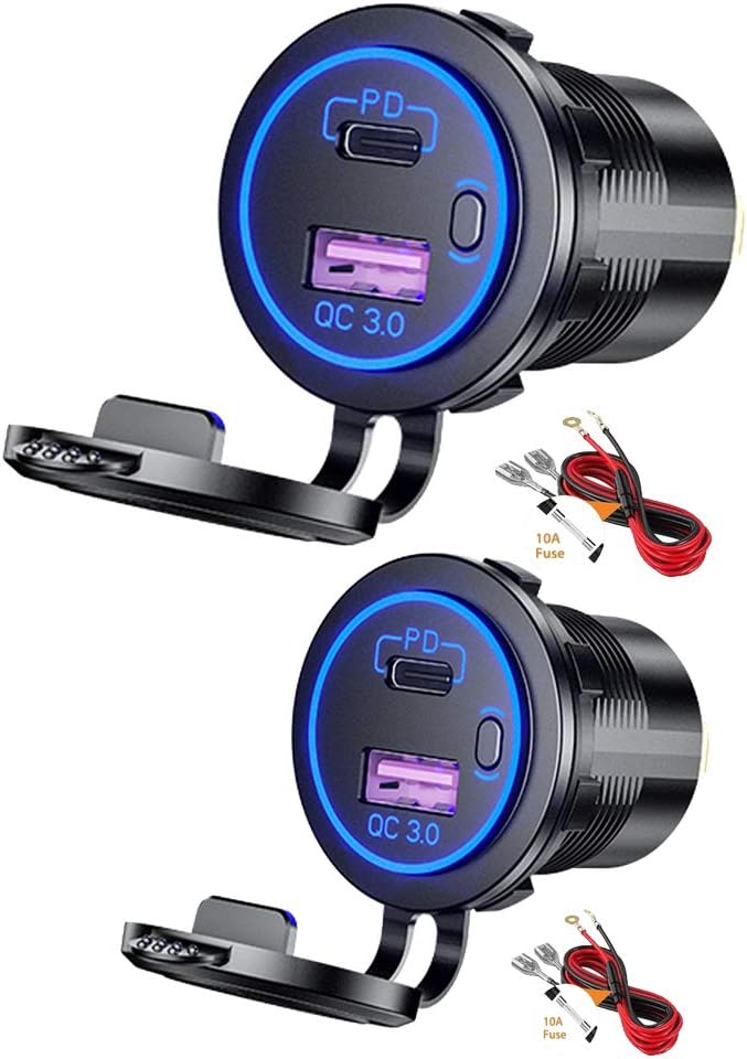 2 Packs PD Type C USB Car Charger Socket and QC 3.0 Quick Charger 12V/24V Car Power Outlet Socket with ON/Off Switch Waterproof Power Delivery for Motorcycle Marine