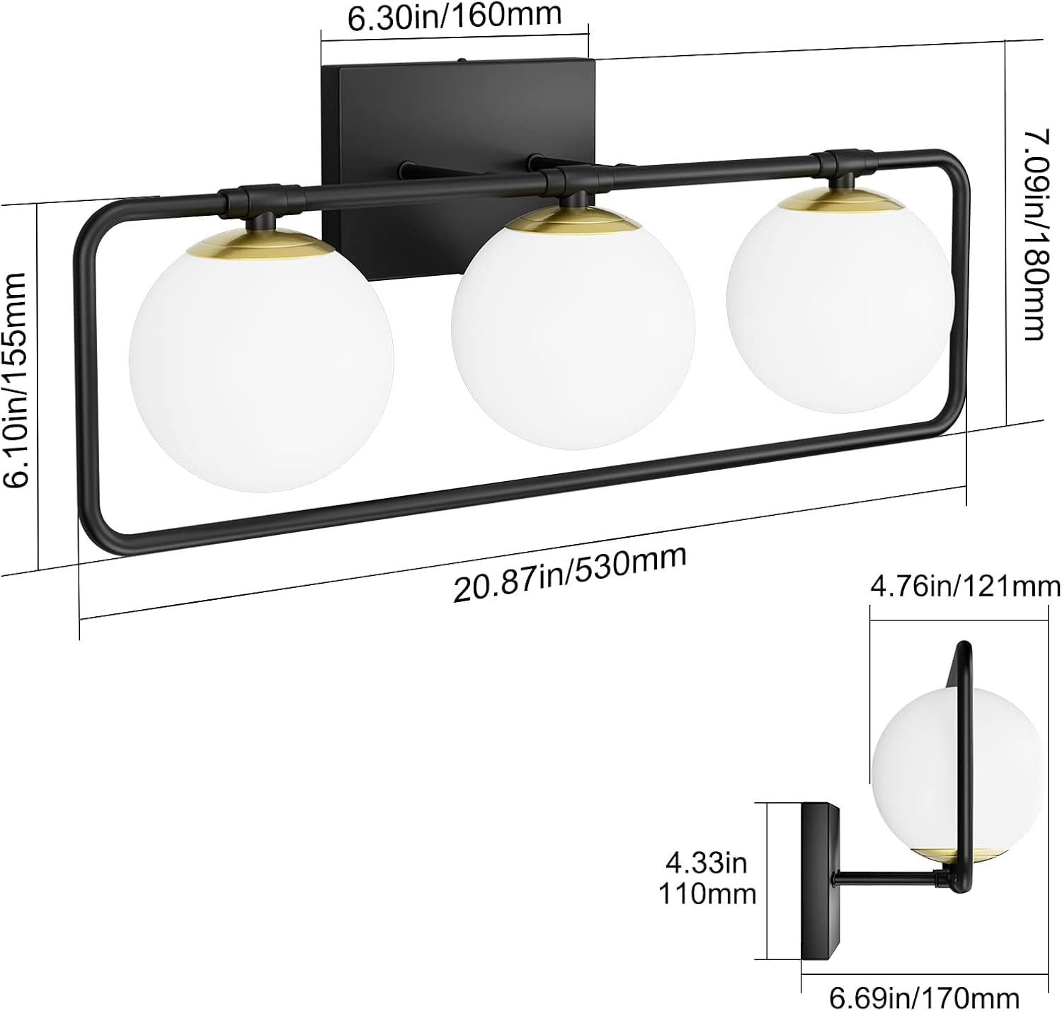 Ralbay 3-Light Mid Century Modern Bathroom Vanity Lights Milky Glass Wall Light Fixtures Over Mirror, Black and Antique Bronze Light Fixture for Bathroom (Exclude Bulb)