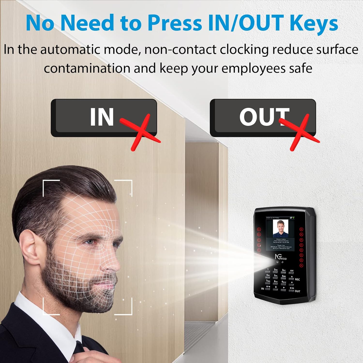 Time Clock, NGTeco Face Recognition Time Card Machine, Touch Free Facial Time Clocks for Employees Small Business Automatic in and Out, Punch Card Attendance with App for iOS Android (0 Monthly Fee)