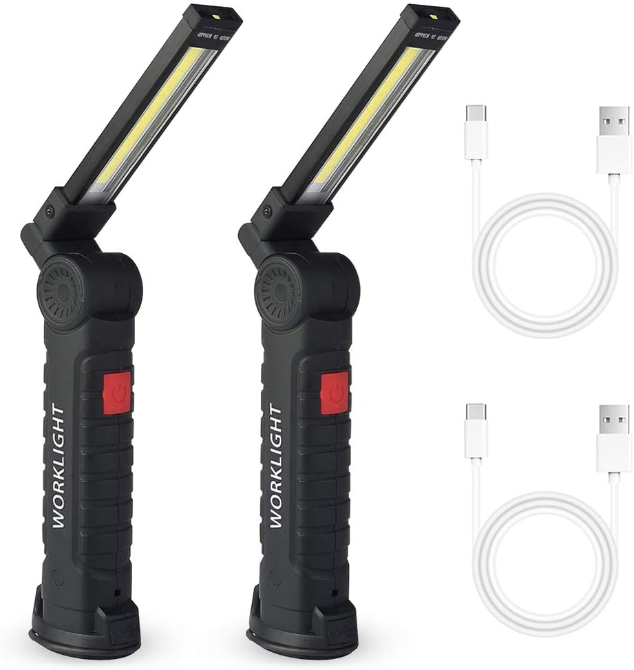 2Pack LED Work Lights, USB Rechargeable COB Light with Magnetic Base 360&deg;Rotate and 5 Modes, Folding Flashlight Inspection Mechanic Light for Car Repairing, Workshop, Household and Emergency Use,Large